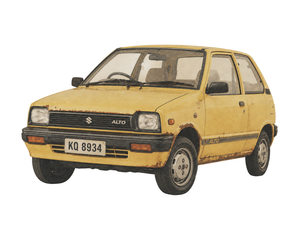 A battered vintage Suzuki car